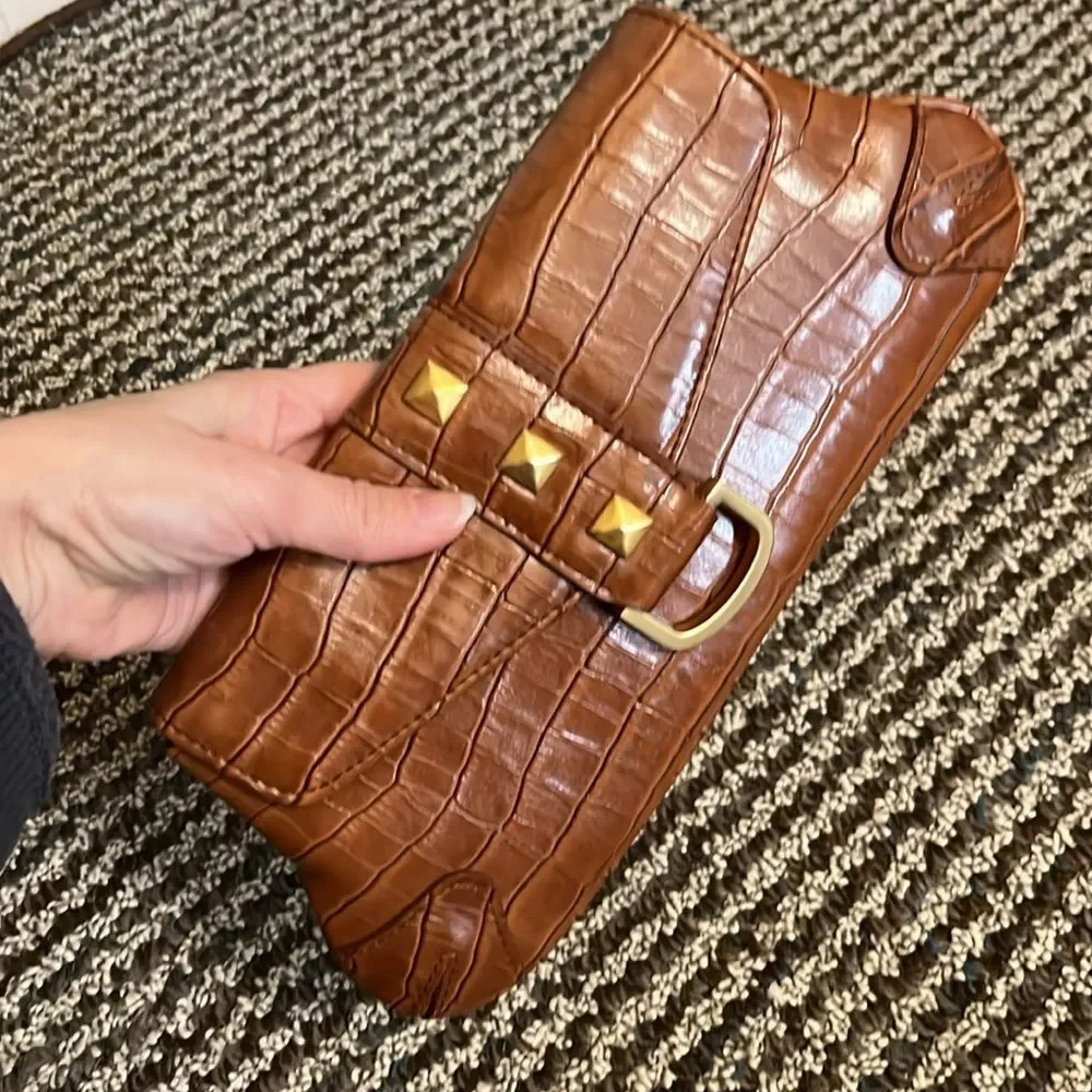 Y2K New York & Company Brown Crocodile Embossed Clutch Chain Shoulder Bag
